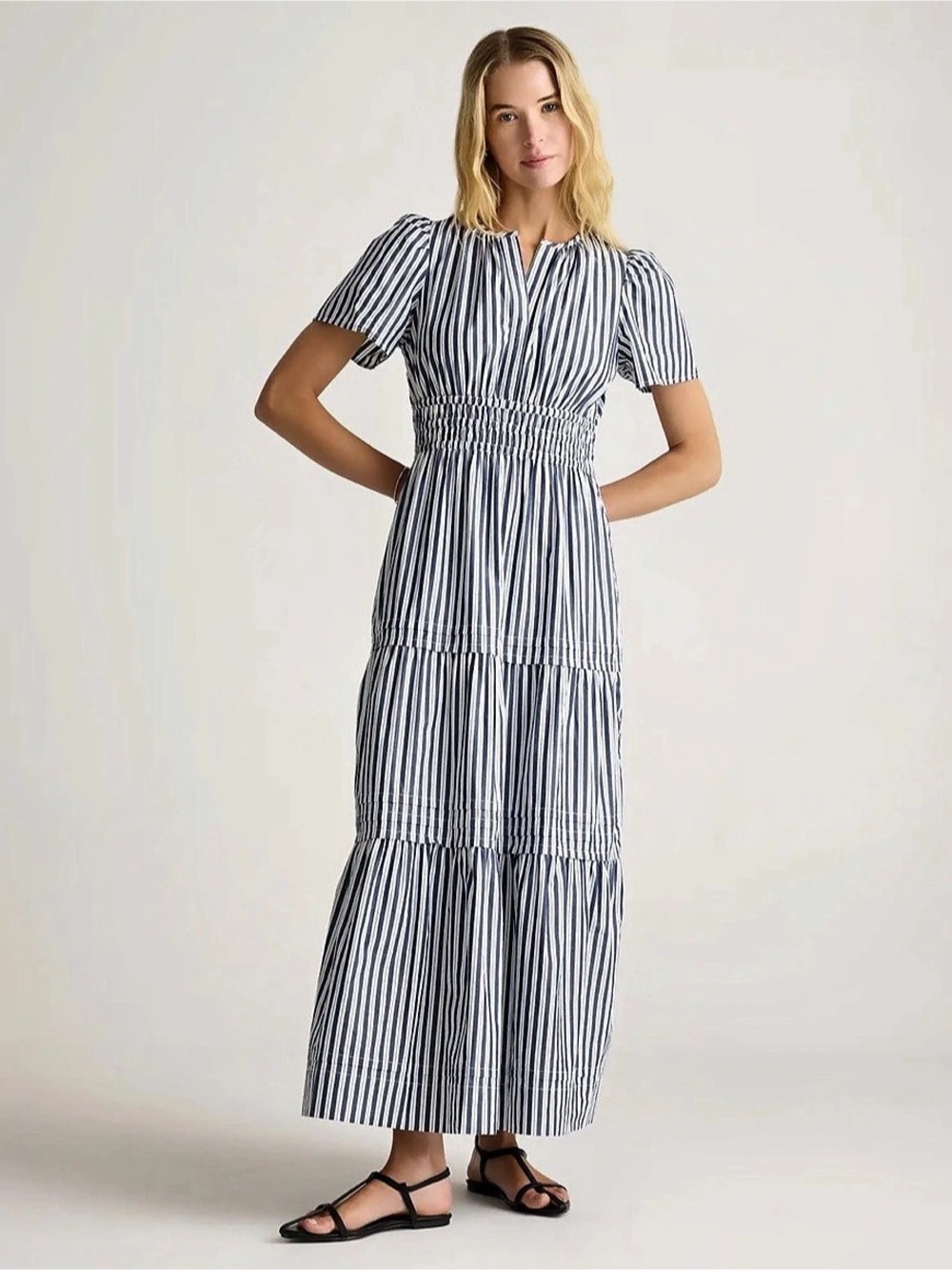 Quince 100% Organic Cotton Poplin Tiered Maxi Dress Pockets Blue/White Sz L NWT